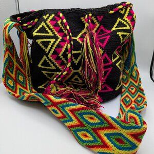 Colombian Wayuu Mochila Bag, Authentic, Handmade, Crochet, Black, Multicolor